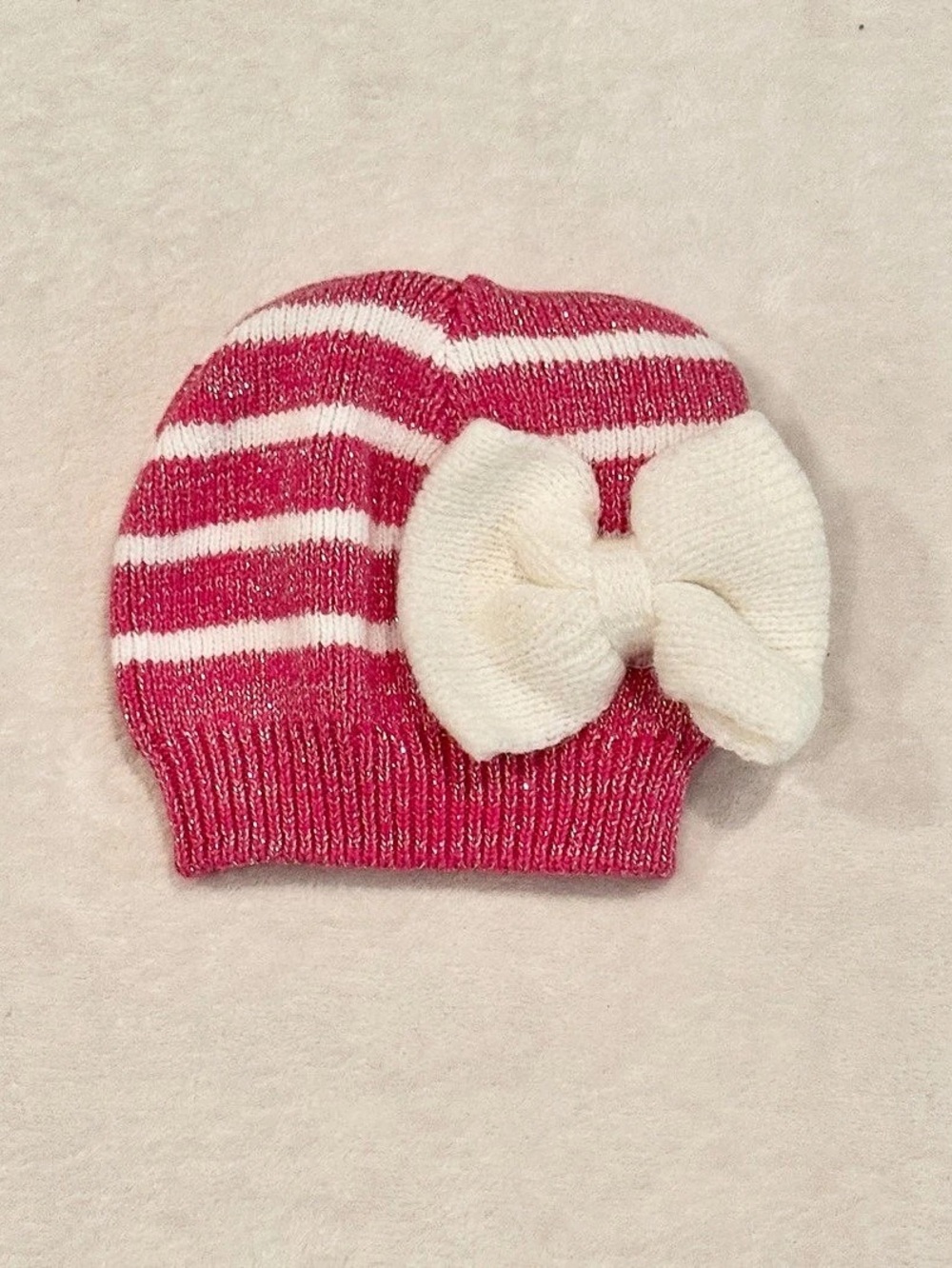 So Dorable Pink & White Striped Baby Hat with bow 6-12M Like New